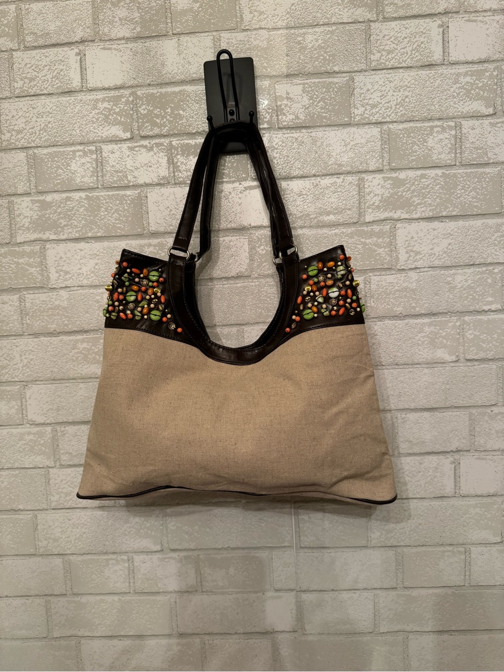 Beaded Canvas Tote Bag with Dark Brown Trim
